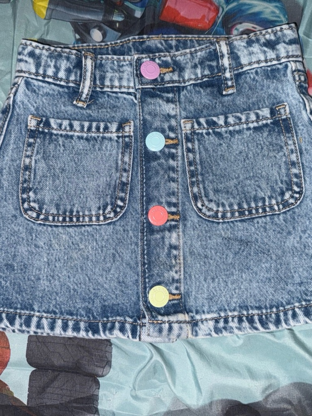 Old Navy Blue Denim Mini Skirt with Pastel Buttons